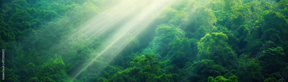 Aufkleber enchanting sunlight filtering through lush green forest canopy creating a magical atmosphere of peac