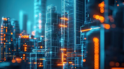 Fototapeta premium Vibrant Urban Cityscape Bathed in Striking Blue and Yellow Neon Lights Creating a Lively Nighttime Atmosphere Filled with Energy and Movement