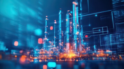 Hightech oil refinery with advanced emissions control, glowing at night, dark industrial aesthetic, scifi photography