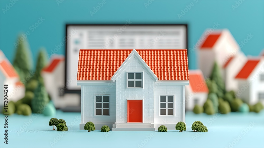 Poster miniature house model with red roof against a blurred background of houses and a computer screen dis