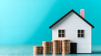 Small model house with stacks of coins on a vibrant blue background representing real estate investment and financial growth concepts