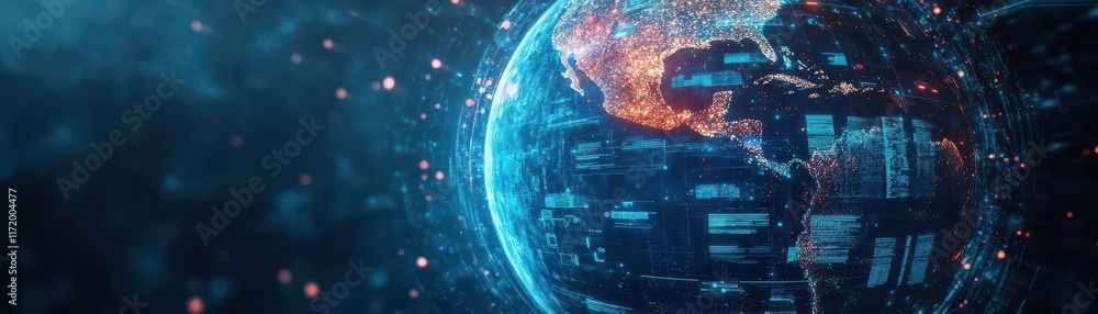 Poster Interactive website template featuring a 3D rotating Earth, glowing data streams, and futuristic holographic effects, Scifi, 3D render
