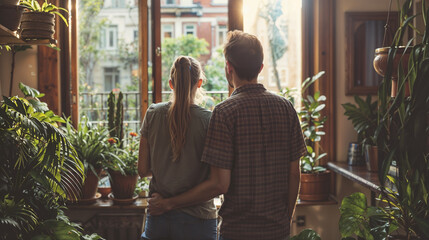 Naklejka premium Young romantic couple standing in their sunlit apartment balcony filled with potted plants and greenery, embracing while looking through wooden-framed windows at urban architecture