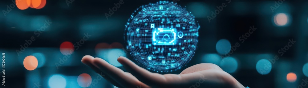 Poster hand cradling a radiant blue sphere emitting a luminous cross symbol in a mystical setting evoking w