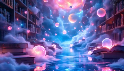 Fototapeta premium Enchanted Library: A Dreamlike Journey Through Worlds of Books