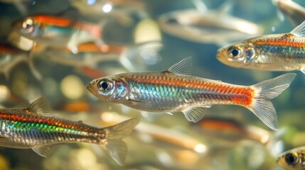 A school of colorful fish swimming in clear water, showcasing their vibrant scales.