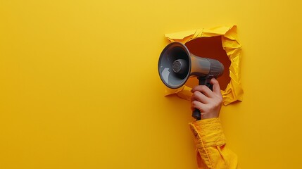 Fototapeta premium Hand Holding Megaphone Through Yellow Wall