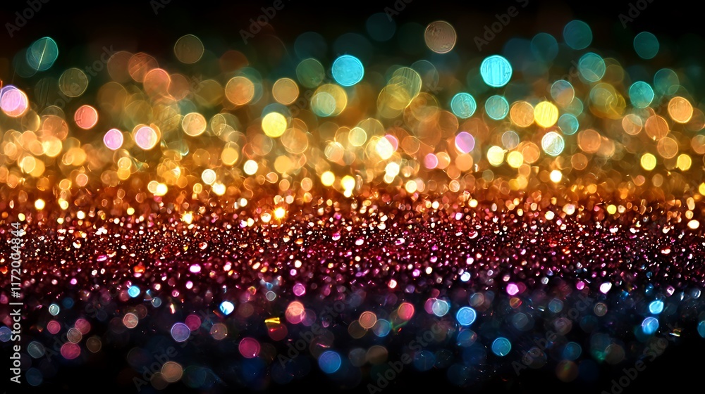 Poster sparkling glitter bokeh lights background with colorful blurry circles and dark background.