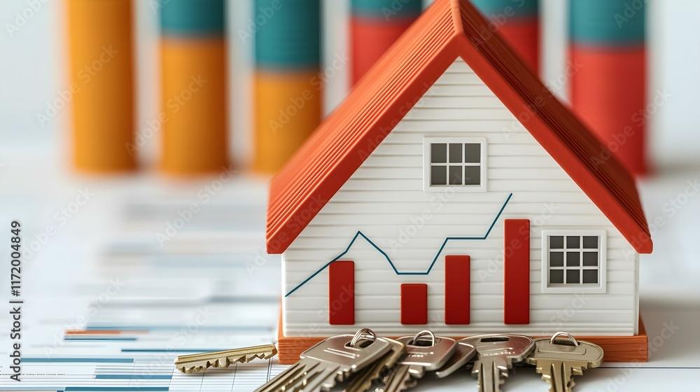 Poster real estate model house with keys and graph data on background representing property market analysis