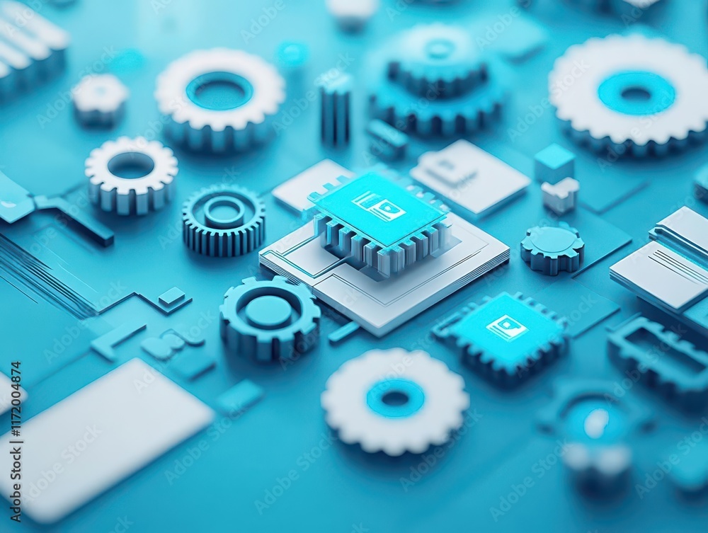Poster intricate arrangement of various gears on a vivid blue background creating a dynamic and engaging vi