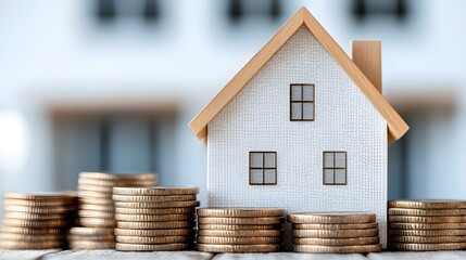 Model house with stacked coins representing investment and financial growth in real estate market opportunities