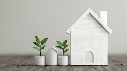 Minimalistic Home Decoration Concept with Small Plants and White House Models on Wooden Surface