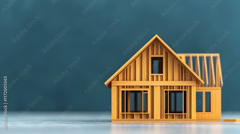 Poster wooden model house structure with detailed framework on a soft focus background for construction and