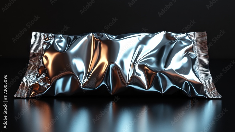 Poster a crumpled metallic snack wrapper on a reflective surface.