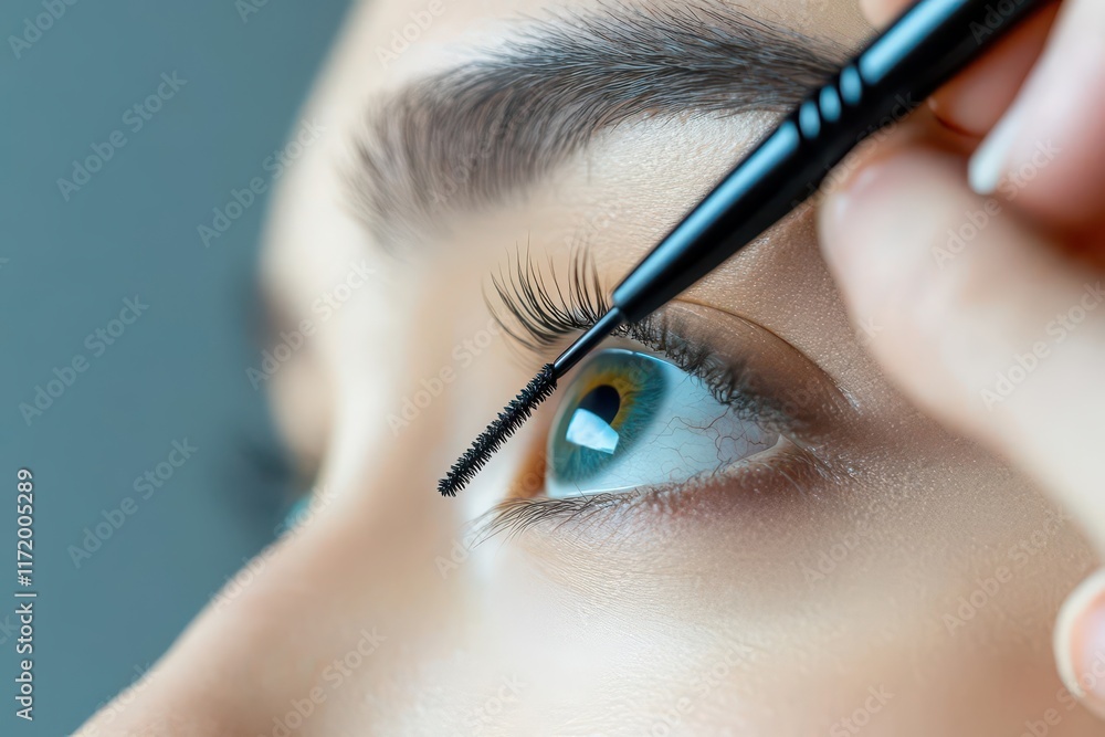 Poster captivating close up of a woman applying mascara with long lashes highlighted by soft natural light 