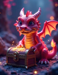 Adorable baby dragon with chest in magical fantasy setting