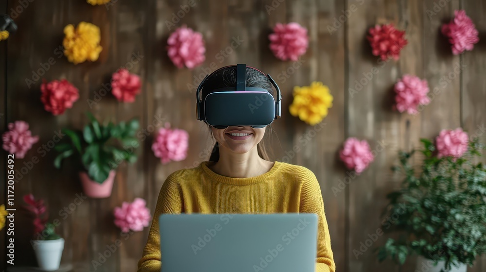 Poster young woman immersed in virtual reality experience with headset on engaging in interactive digital w