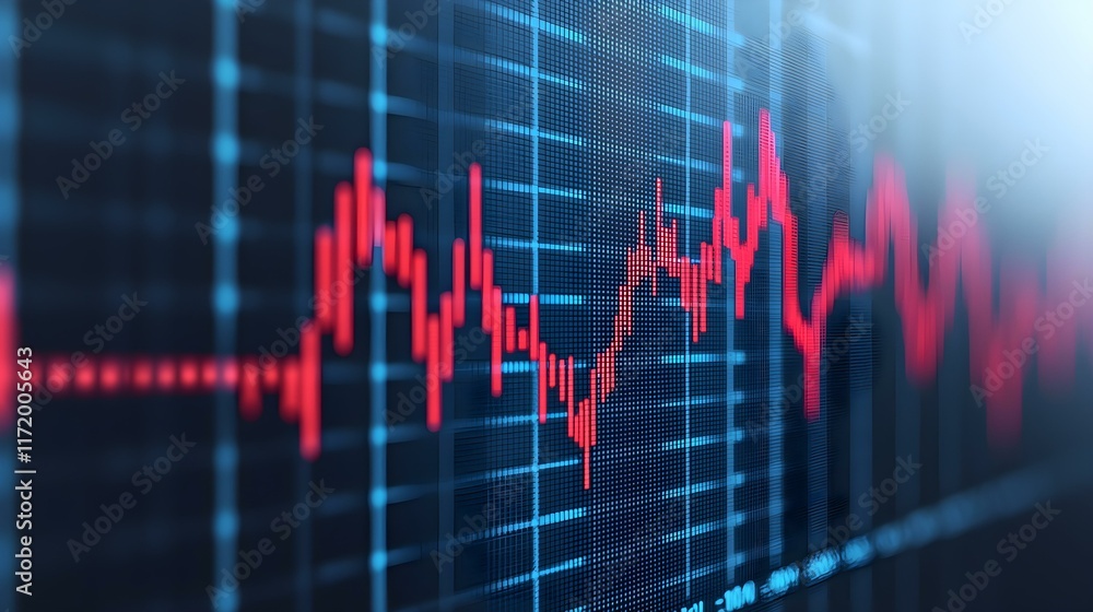 Poster digital financial graph with rising and falling trends in red against a blue background representing