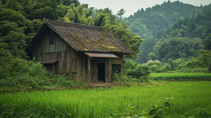 Obraz premium Old wooden house surrounded by lush green fields in a peaceful rural area