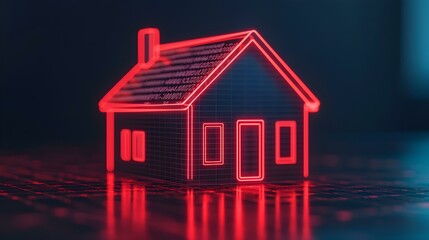 Digital Representation of a House in Neon Style with Coding Elements on Dark Background