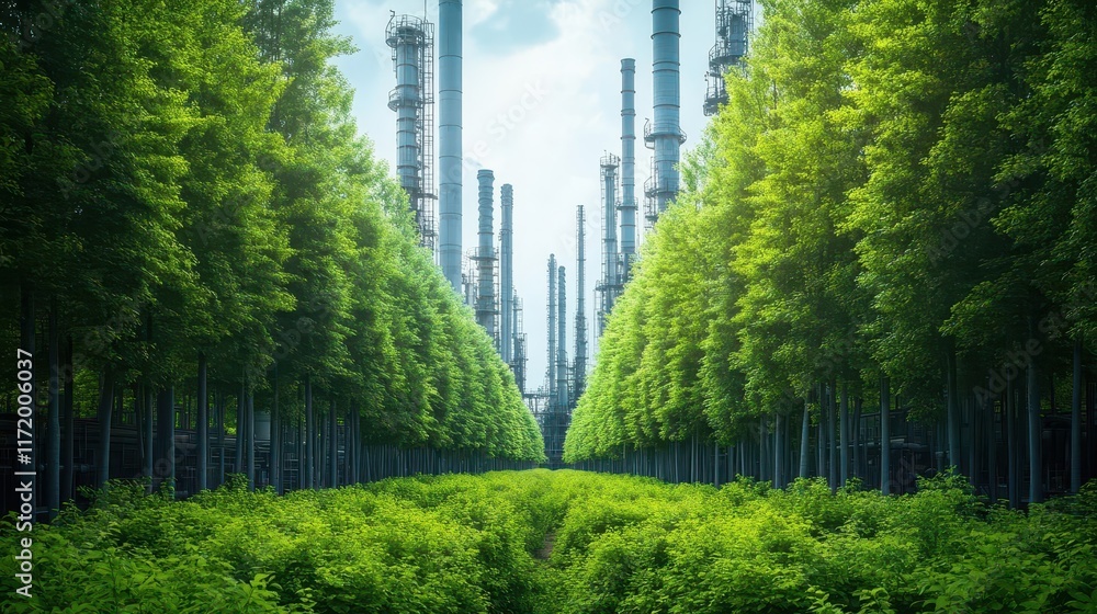 Aufkleber lush green forest scenic view with industrial refinery in background highlighting the contrast betwe
