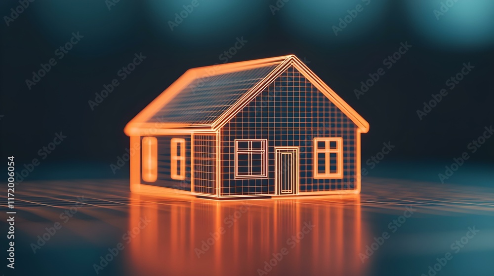 Poster abstract of a futuristic house structure with neon outline and digital grid pattern
