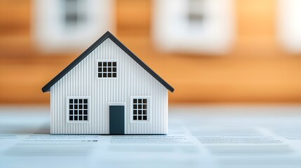 Miniature model of a white house placed on a wooden table with soft background focus, representing home ownership and real estate concepts