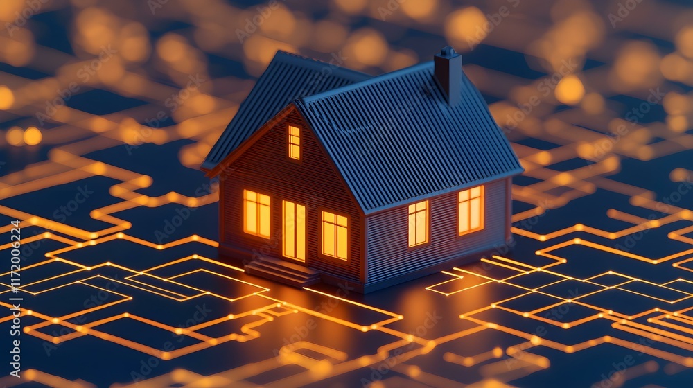 Aufkleber digital home model surrounded by circuit patterns and warm light in futuristic environment