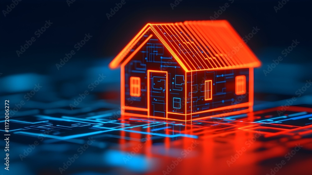 Poster futuristic digital home concept with neon lines and circuit patterns on dark background