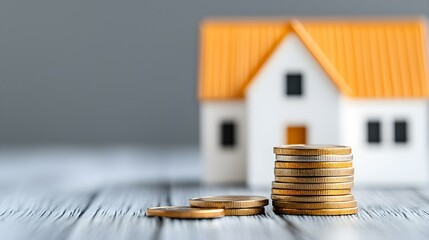 Close-up View of Stacked Coins with a Model House in the Background on a Wooden Surface