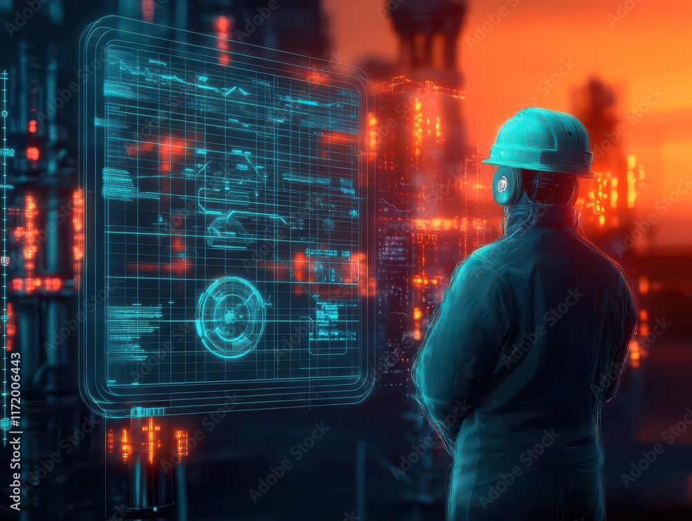 Fototapete Focused Worker in Hard Hat Observing Large Factory Screen with Data and Production Metrics in a Modern Industrial Environment Reflecting Innovation