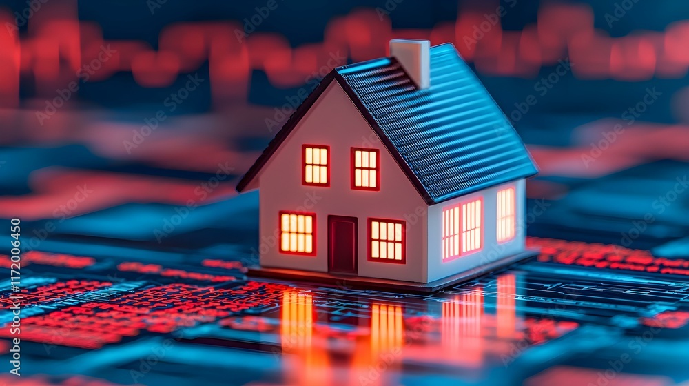 Poster miniature house model glowing on digital background with financial data and graphs representing real