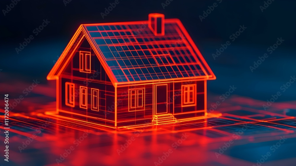 Poster futuristic digital rendering of a house with neon effects and architectural blueprint background