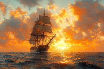 Obraz premium Majestic Sailing Ship at Sunset Over the Ocean