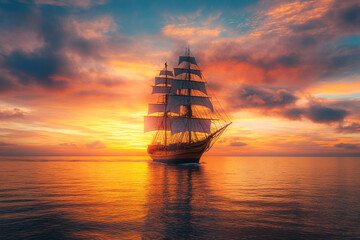 Obraz premium Majestic Tall Ship Sailing at Sunset Ocean Voyage