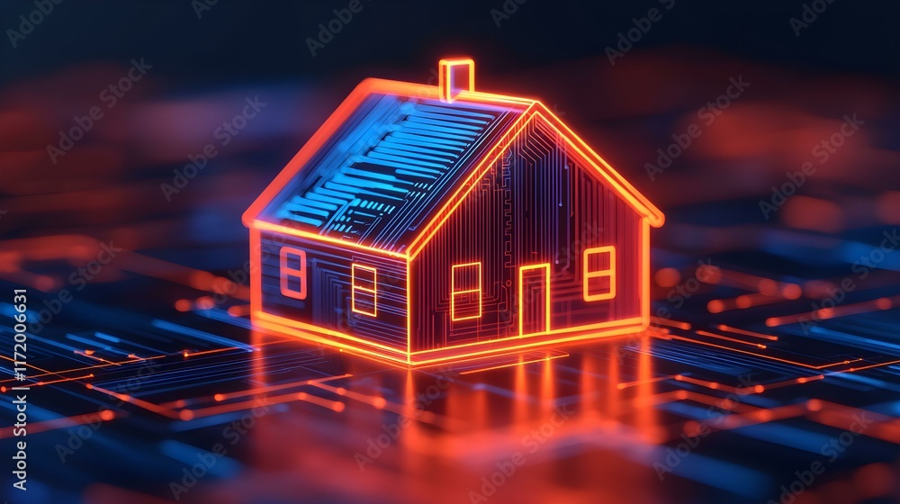 Poster neon house icon representing future technology and smart home concepts with digital circuitry design