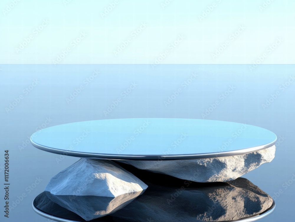 Poster a minimalist table design featuring a reflective surface and natural stone base.