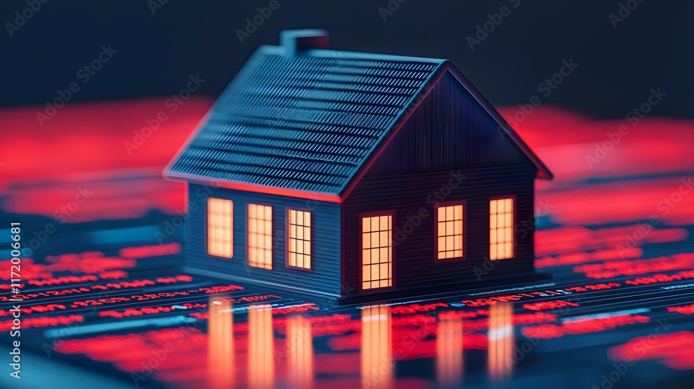 Poster miniature house model glowing against a backdrop of digital data representing modern technology and 