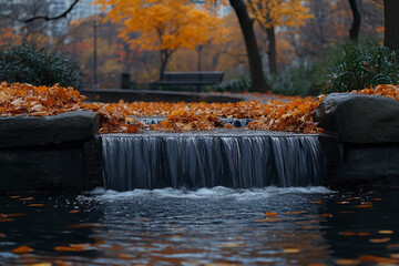 Fototapeta premium Autumn leaves cascading over a small park waterfall