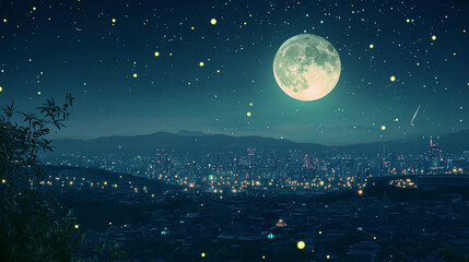Starlit night overlooking a city with a bright moon and shimmering lights