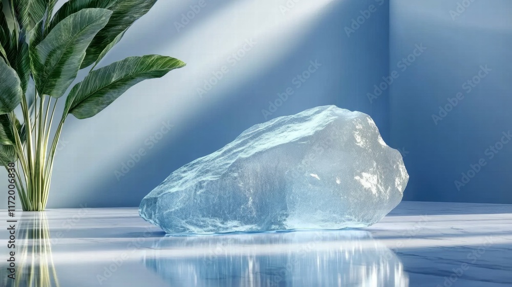 Aufkleber a large, clear ice rock rests on a reflective surface with a plant in the background.