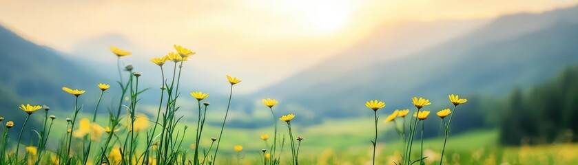 Fototapeta premium Vibrant Yellow Wildflowers Blooming Amidst Majestic Mountain Landscape Under Clear Blue Sky Evoking Feelings of Joy and Tranquility in Nature