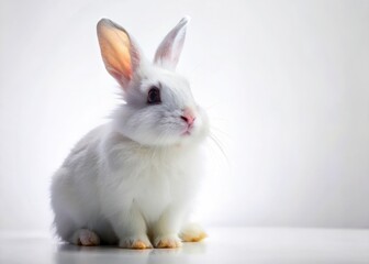 Fototapeta premium Fluffy white rabbit, captivating eyes, pristine white backdrop. A cute pet rabbit photo.
