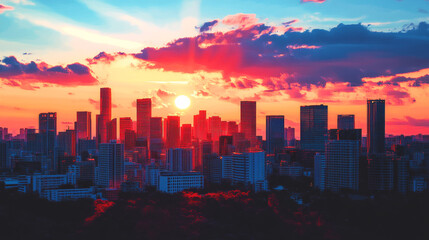 Fototapeta premium Vibrant sunset over a modern skyline with dramatic clouds in a bustling city