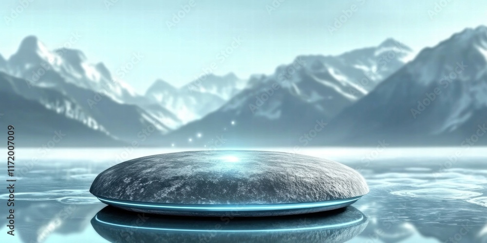 Poster a futuristic stone hovering above a serene water surface with mountains in the background.