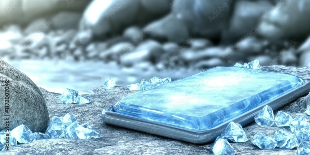 Poster a large ice block rests on a rocky surface, surrounded by smaller ice shards, near water.
