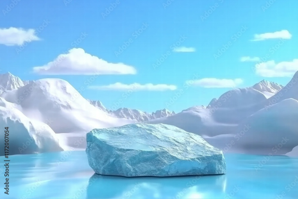 Poster a serene icy landscape featuring a large ice block surrounded by mountains and a clear sky.
