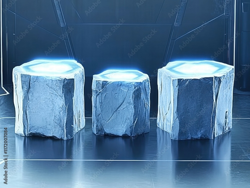 Fototapete three glowing hexagonal stone-like structures in a futuristic setting.