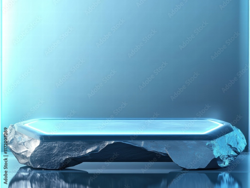 Poster A futuristic display platform with a glowing edge, set against a sleek blue background.