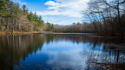 Fototapeta premium Serene lake reflecting trees and clouds in a tranquil outdoor setting
